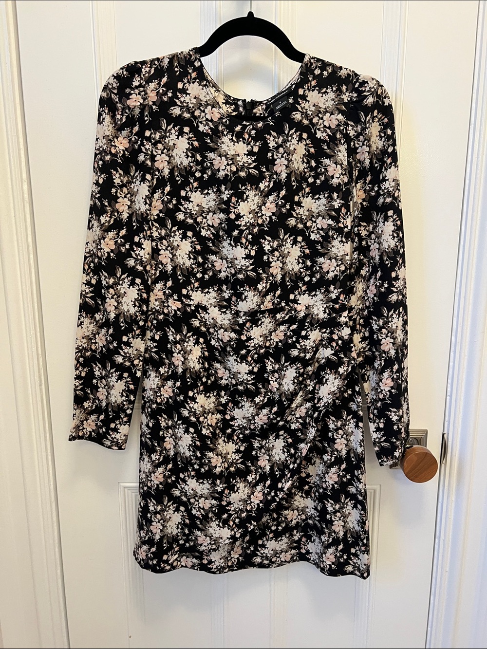 Club Monaco Floral Long-Sleeve Mini Dress - Black with Pink & Cream Floral
